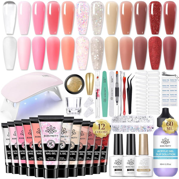 [US ONLY] 12 Colors Poly Extension Gel Kit Starter Kit with 6W Nail Lamp Base Top Coat Gel Nail Polish BORN PRETTY 