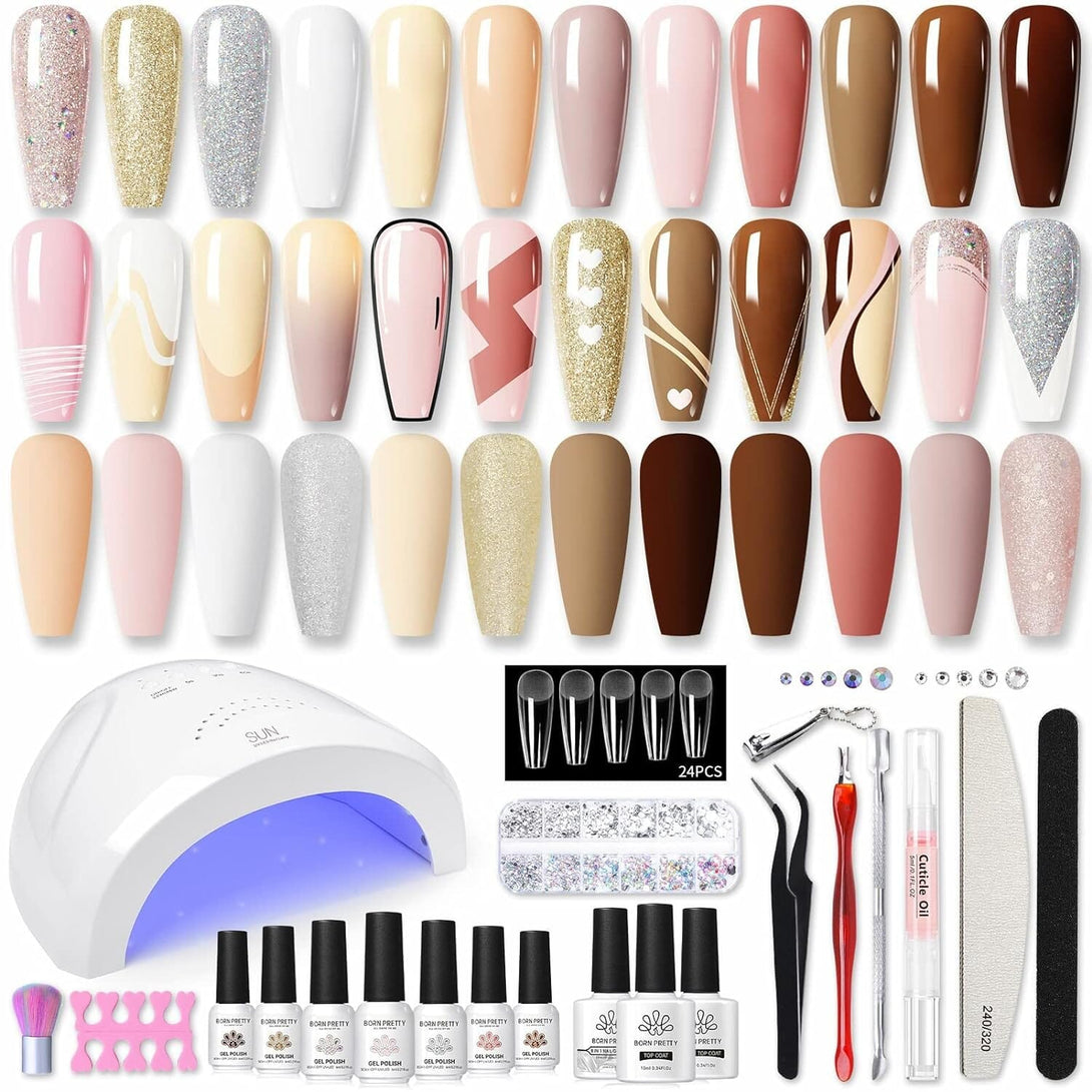 [US ONLY] All-In-One Starter Kit 48W Nail Lamp 12 Colors Gel Polish Set Kits & Bundles BORN PRETTY Pink Nude 