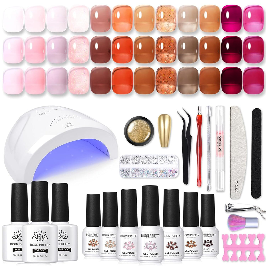 [US ONLY] All-In-One Starter Kit 48W Nail Lamp 12 Colors Gel Polish Set Kits & Bundles BORN PRETTY Jelly Amber 