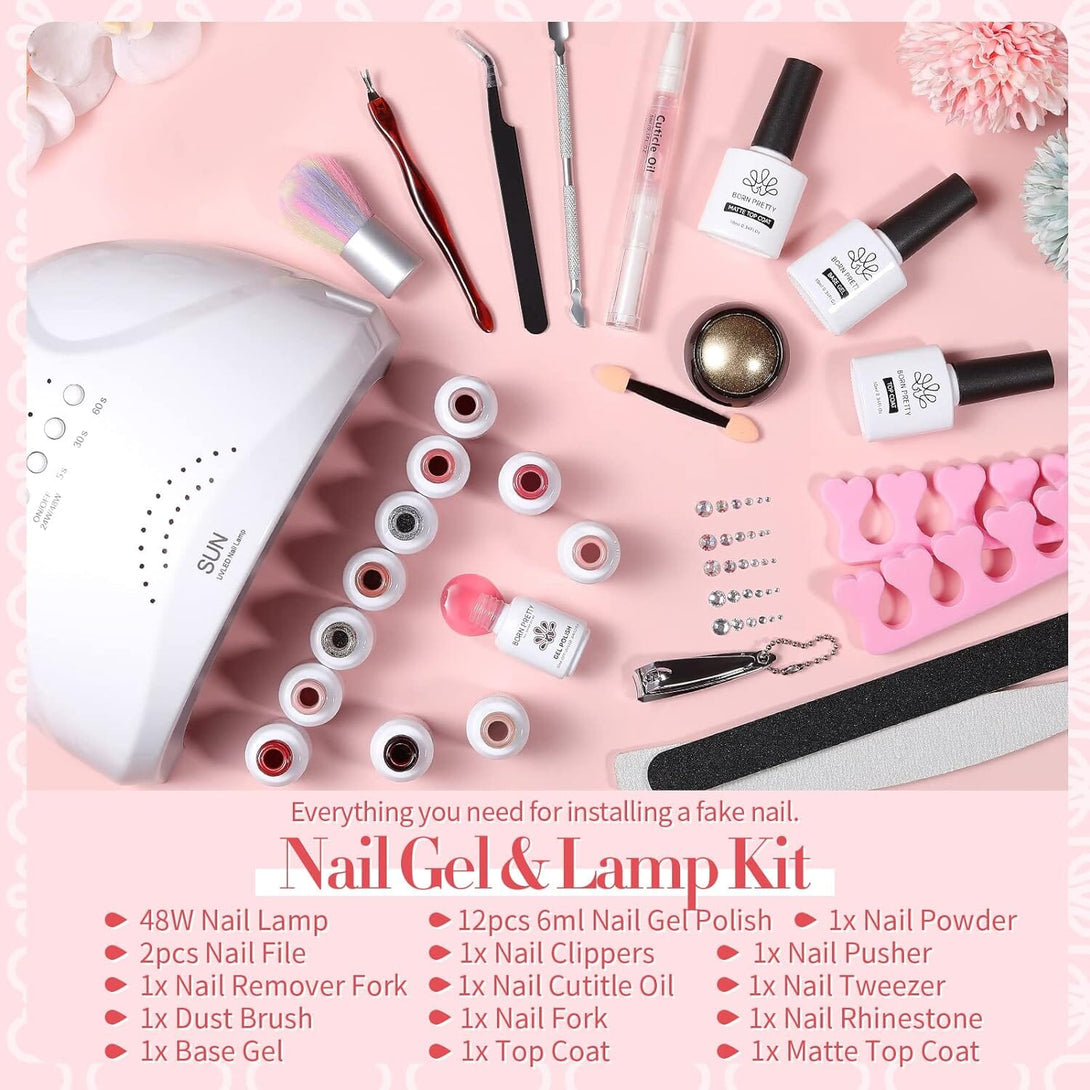 [US ONLY] All-In-One Starter Kit 15pcs Gel with 48W Nail Lamp Nail Tools Kits & Bundles BORN PRETTY 