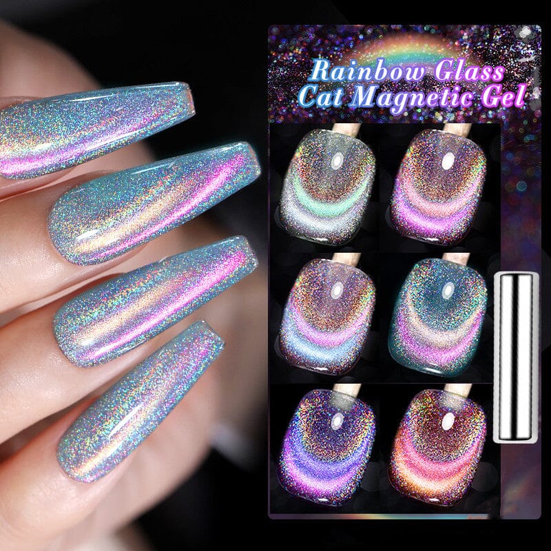 [US ONLY] 6 Colors Rainbow Glass Cat Magnetic Gel 7ml with Magnetic Stick Gel Nail Polish BORN PRETTY 