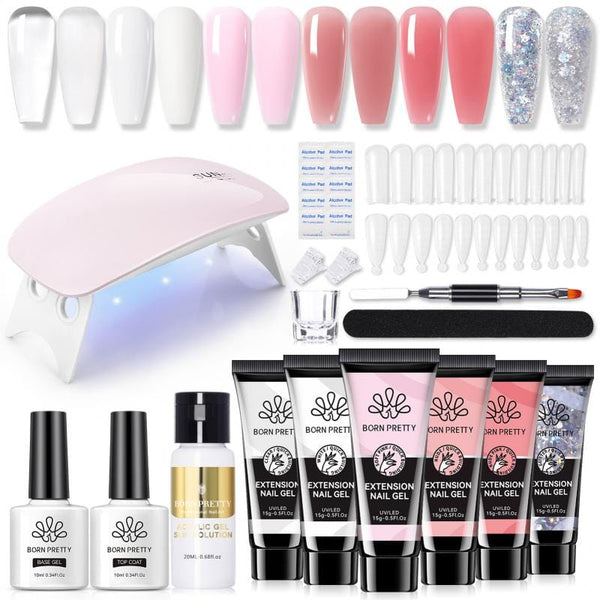 6 Colors Extension gel Nail Kit with Nail Lamp White Pink Nude Glitter Gel 15ml