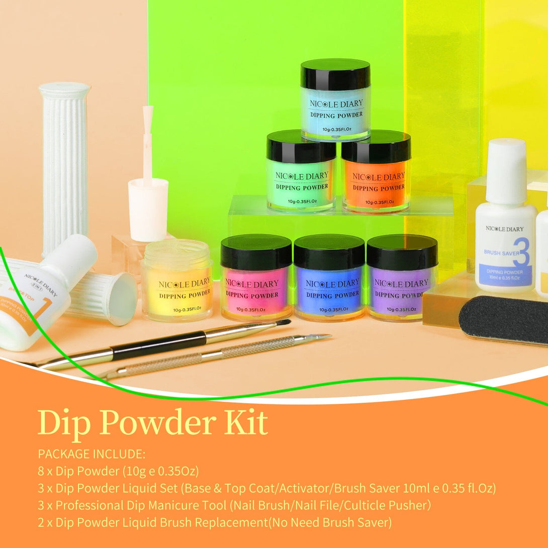 [US ONLY] 8 Colors Neon Dipping Nail Powder Starter Kit with Base&Top, Activator, Brush Saver Nail Powder NICOLE DIARY 