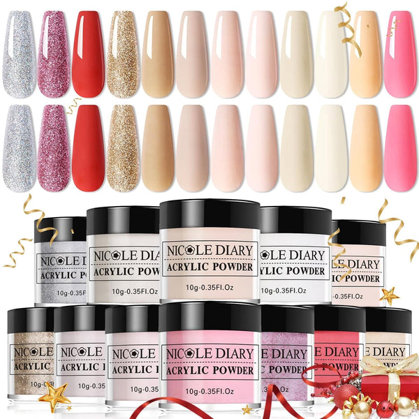 [US ONLY] 12 Colors Acrylic Power Set Nail Powder NICOLE DIARY Nude Pink & Glitter 