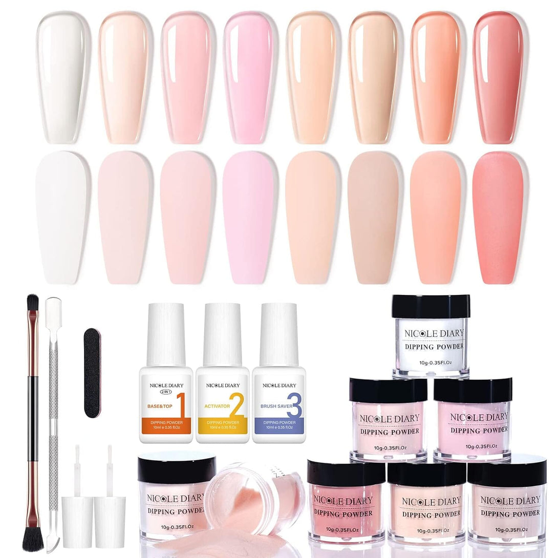 [US ONLY] 8 Colors Dipping Powder Nail Kit Nude Pink Colors with Base Activator Top Coat Nail Powder NICOLE DIARY 
