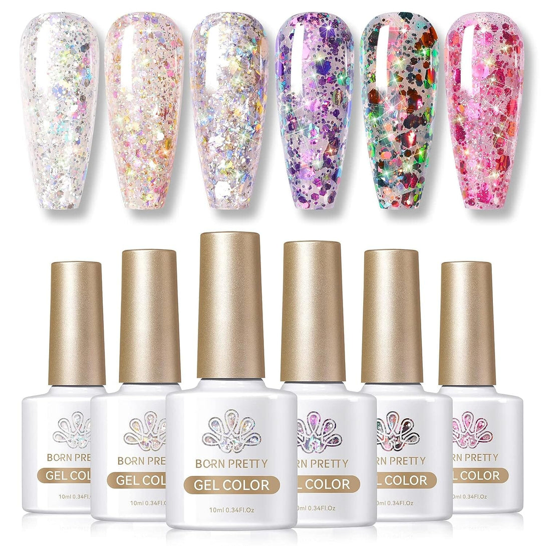 [US ONLY] 6 Colors 10ml Glitter Flakes Nail Gel Polish Set Gel Nail Polish BORN PRETTY Colorful Flakes 