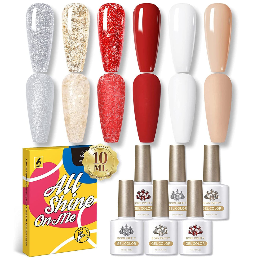 [US ONLY] 6 Colors Glitter Red White Gel Polish Set Kits & Bundles BORN PRETTY 