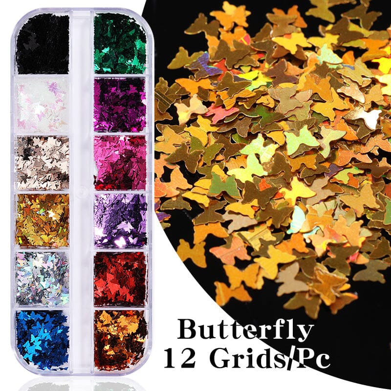 12 Grids Butterfly Sequins Nail Glitter Flakes Nail Decoration No Brand 