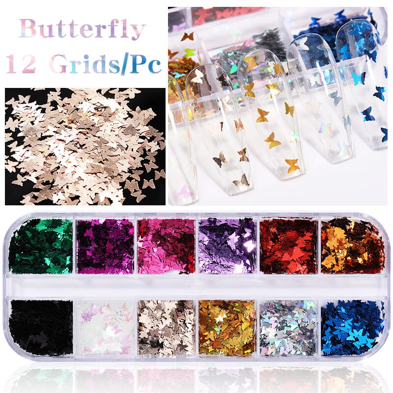 12 Grids Butterfly Sequins Nail Glitter Flakes Nail Decoration No Brand 