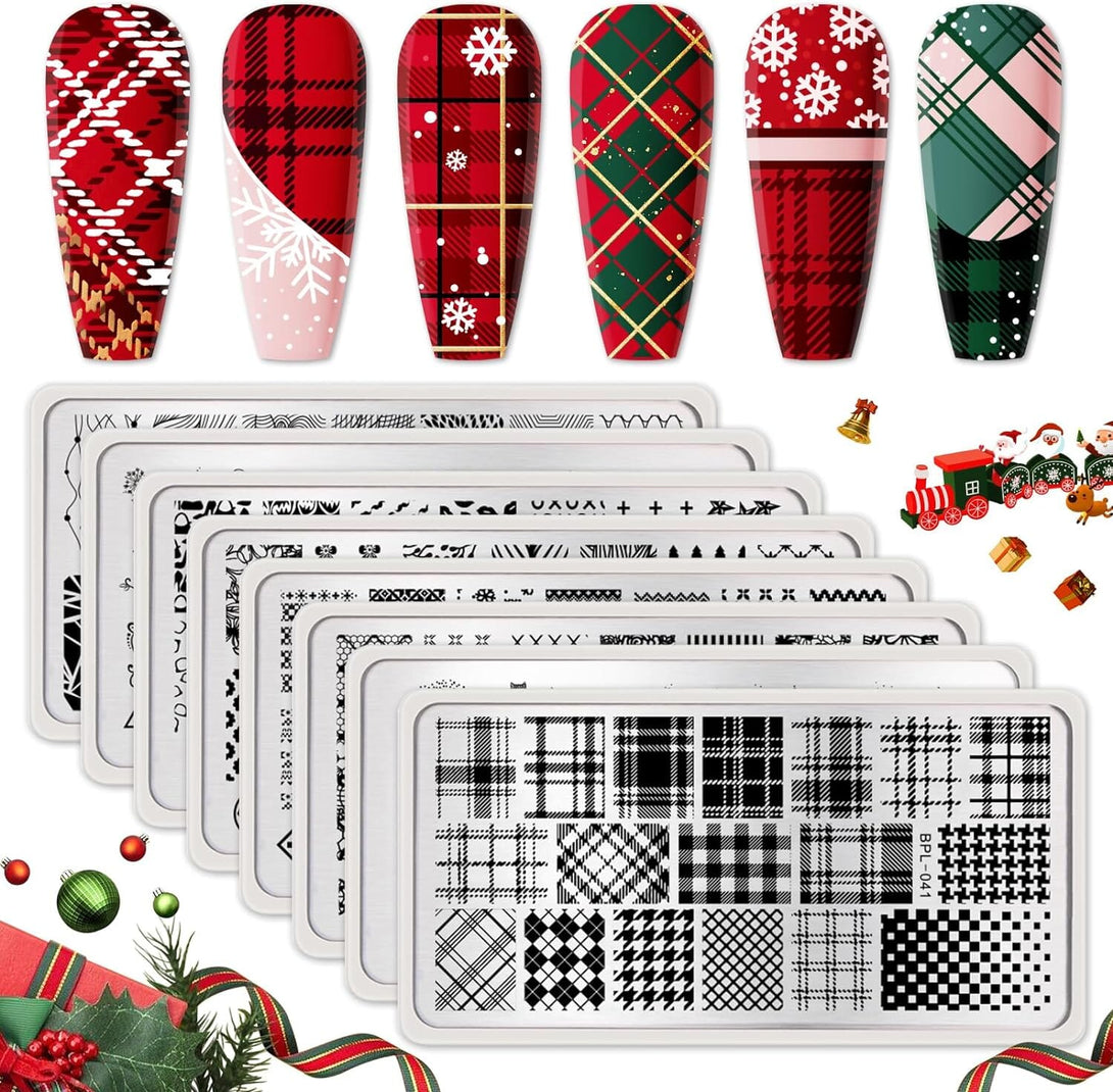 [US ONLY] Stamping Plates Nail Art Image Plates Stamping Nail Polish Stamping Nail BORN PRETTY 8 Pcs (Plaid) 