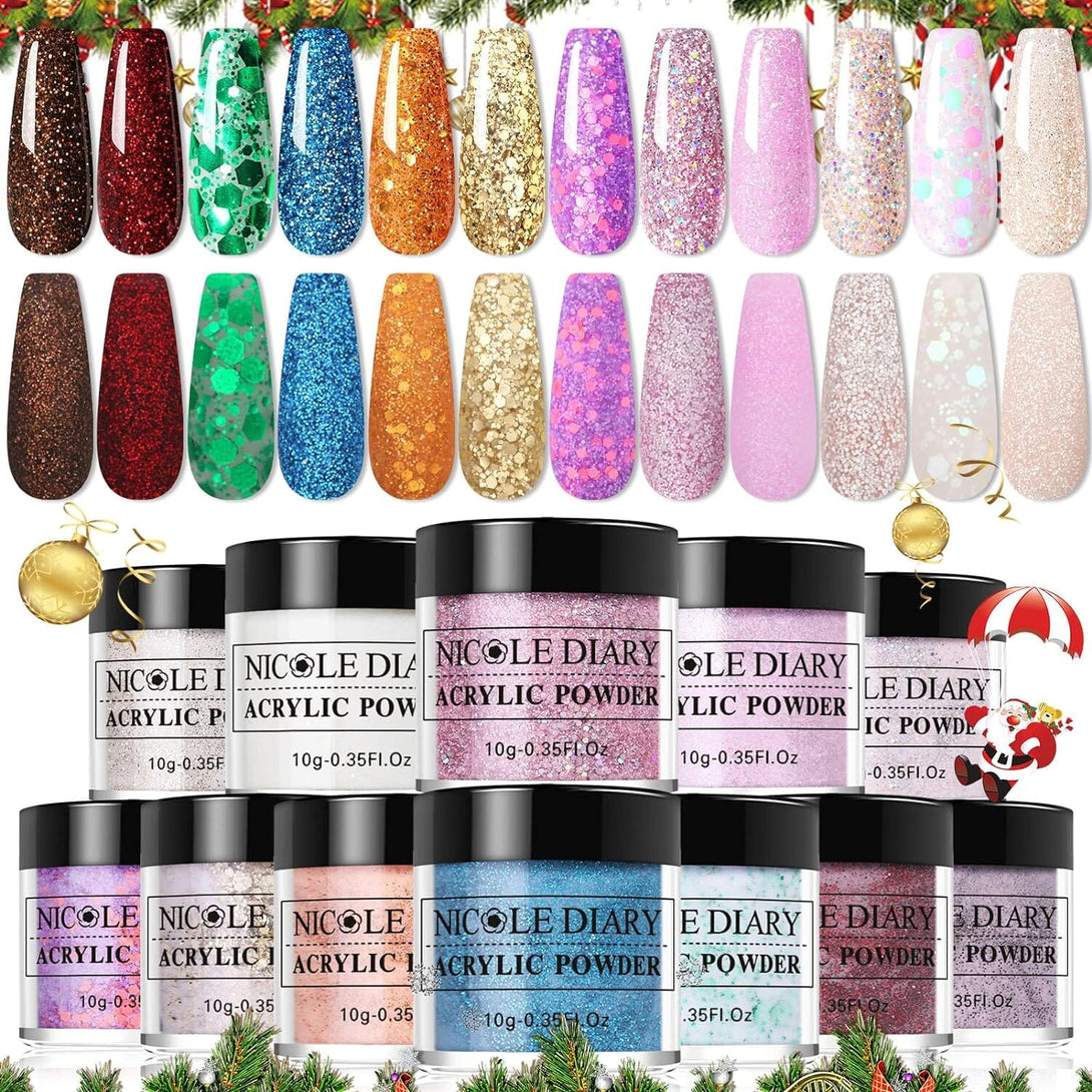[US ONLY] 12 Colors Acrylic Power Set Nail Powder NICOLE DIARY Glitter 