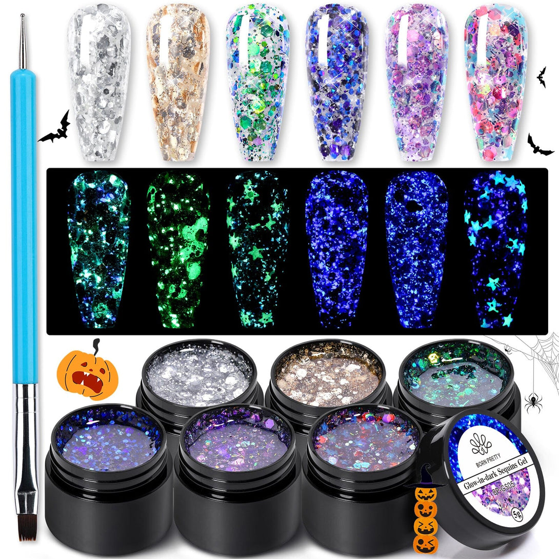 6 Colors Glow-in-Dark Sequins Gel 5g Gel Nail Polish BORN PRETTY 