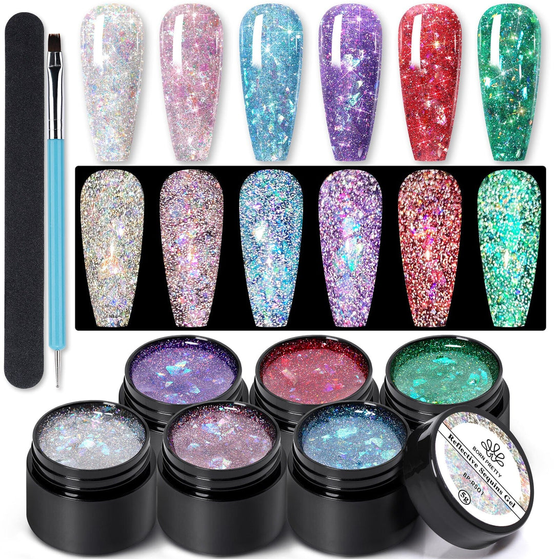 6 Colors Reflective Sequins Gel 5g Gel Nail Polish BORN PRETTY 