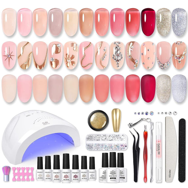 [US ONLY] All-In-One Starter Kit 48W Nail Lamp 12 Colors Gel Polish Set Kits & Bundles BORN PRETTY Jelly Pink 