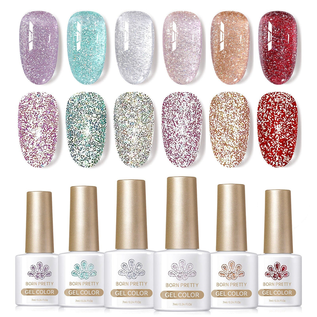 6 Colors Silver Jelly Reflective Glitter Gel Polish Set 7ml Gel Nail Polish BORN PRETTY 