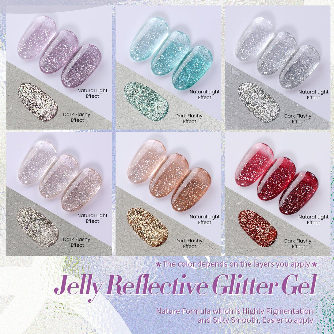 6 Colors Silver Jelly Reflective Glitter Gel Polish Set 7ml Gel Nail Polish BORN PRETTY 