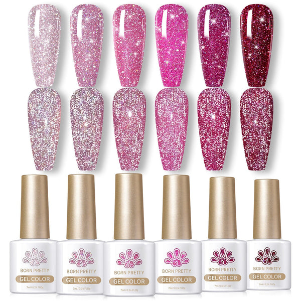 6 Colors Pink Reflective Glitter Gel Polish Set 7ml Gel Nail Polish BORN PRETTY 