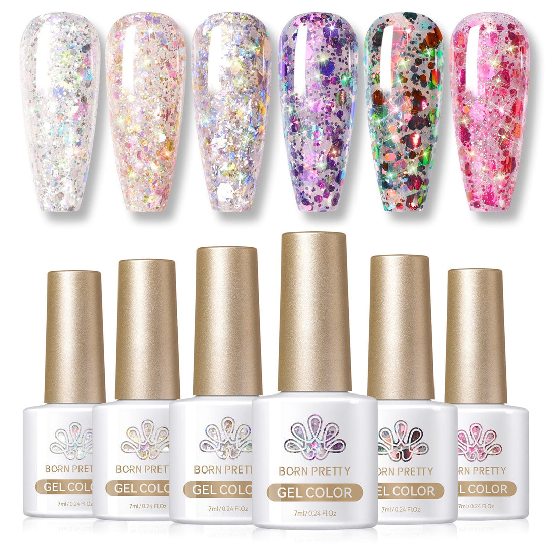 6 Colors Glitter Flakes Nail Gel Polish Set 7ml Gel Nail Polish BORN PRETTY 