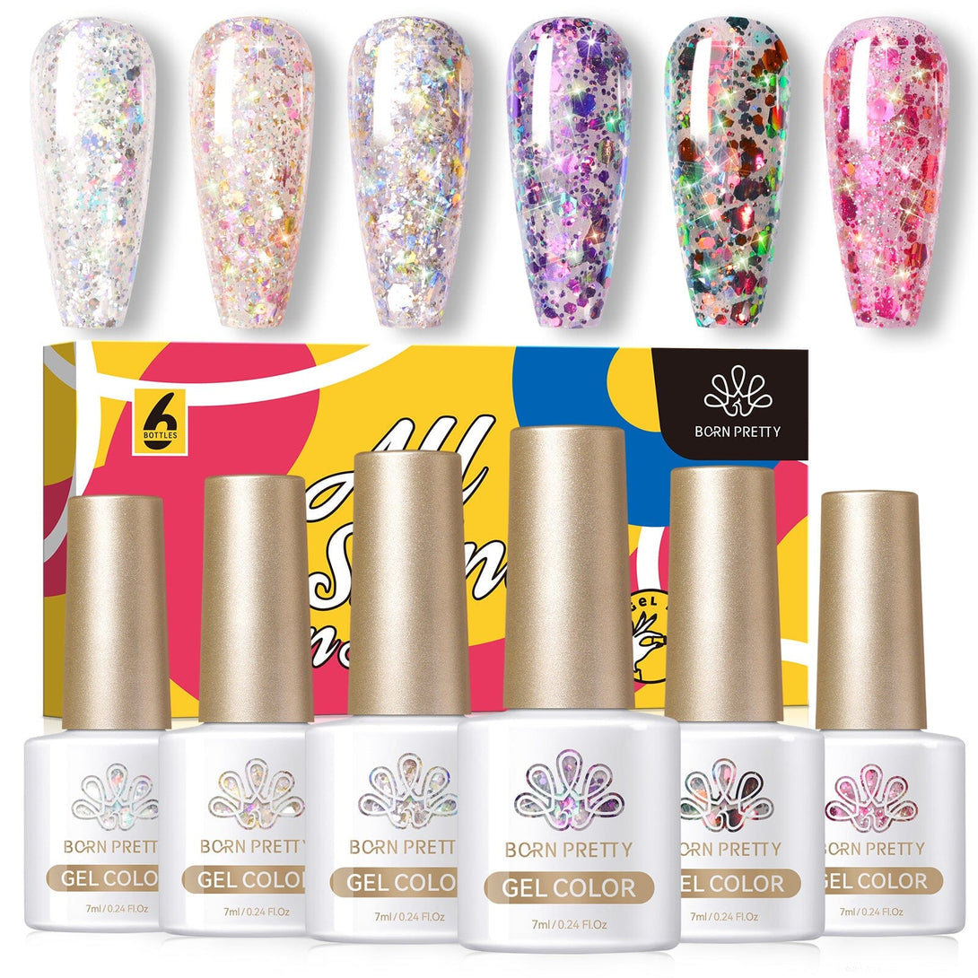 6 Colors Glitter Flakes Nail Gel Polish Set 7ml Gel Nail Polish BORN PRETTY 