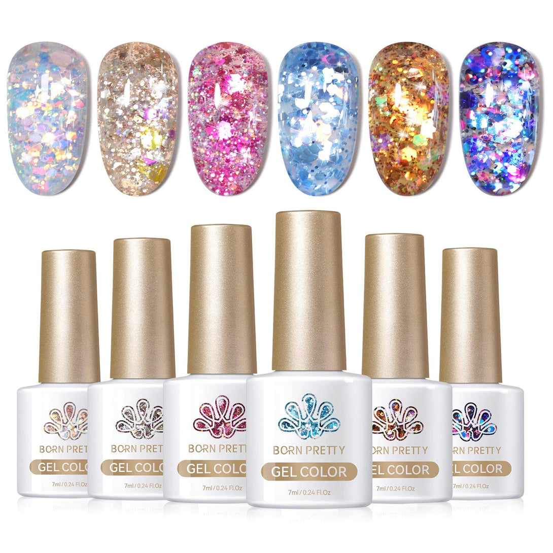 6 Colors Glitter Sequins Gel Polish Set Fireworks Series 7ml Gel Nail Polish BORN PRETTY 