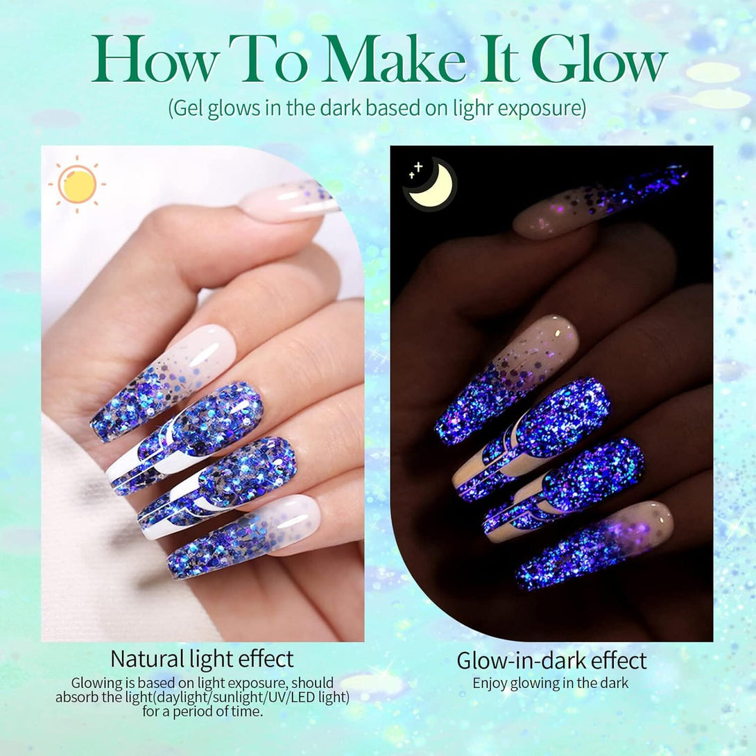 [US ONLY] 6 Colors Glow in the Dark Luminous Gel Polish Set Glitter Sequins Gel with Nali Brush Pen Gel Nail Polish BORN PRETTY 