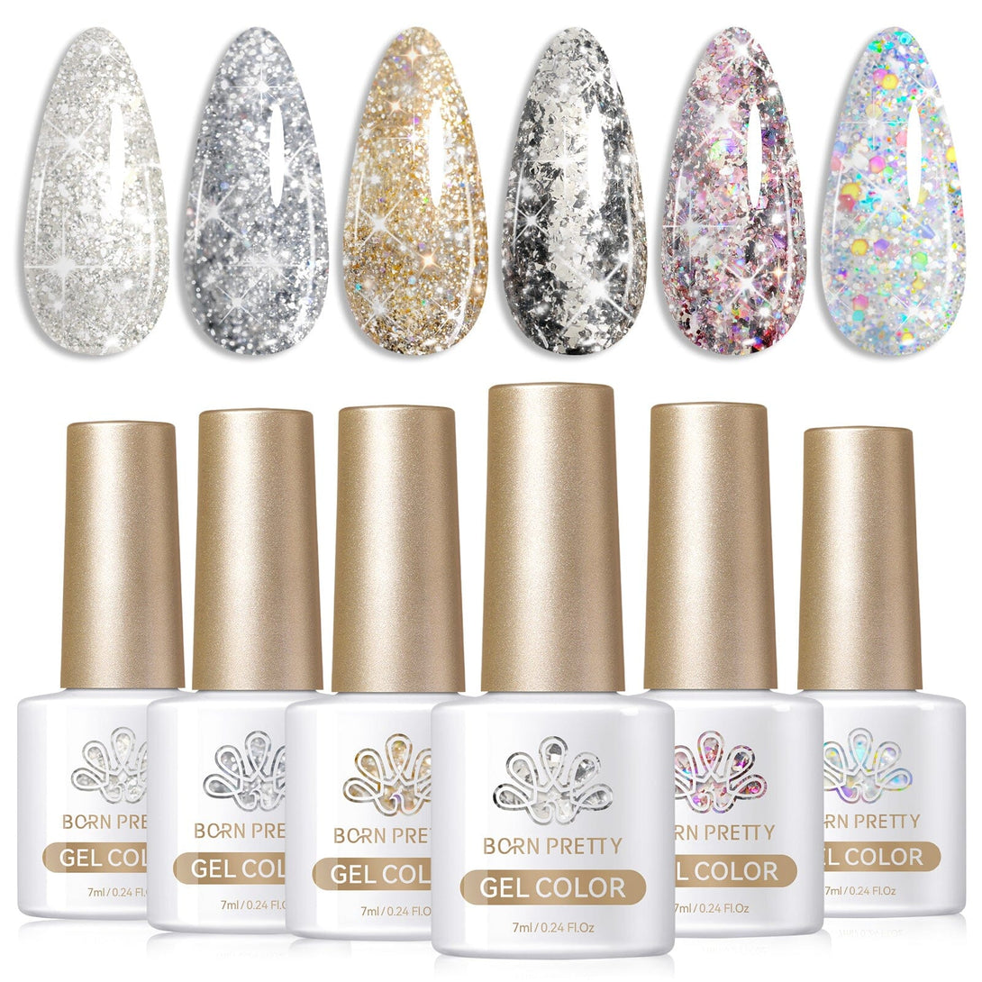 6 Colors Silver Gold Nail Glitter Sequins Gel Polish Set 7ml Gel Nail Polish BORN PRETTY 