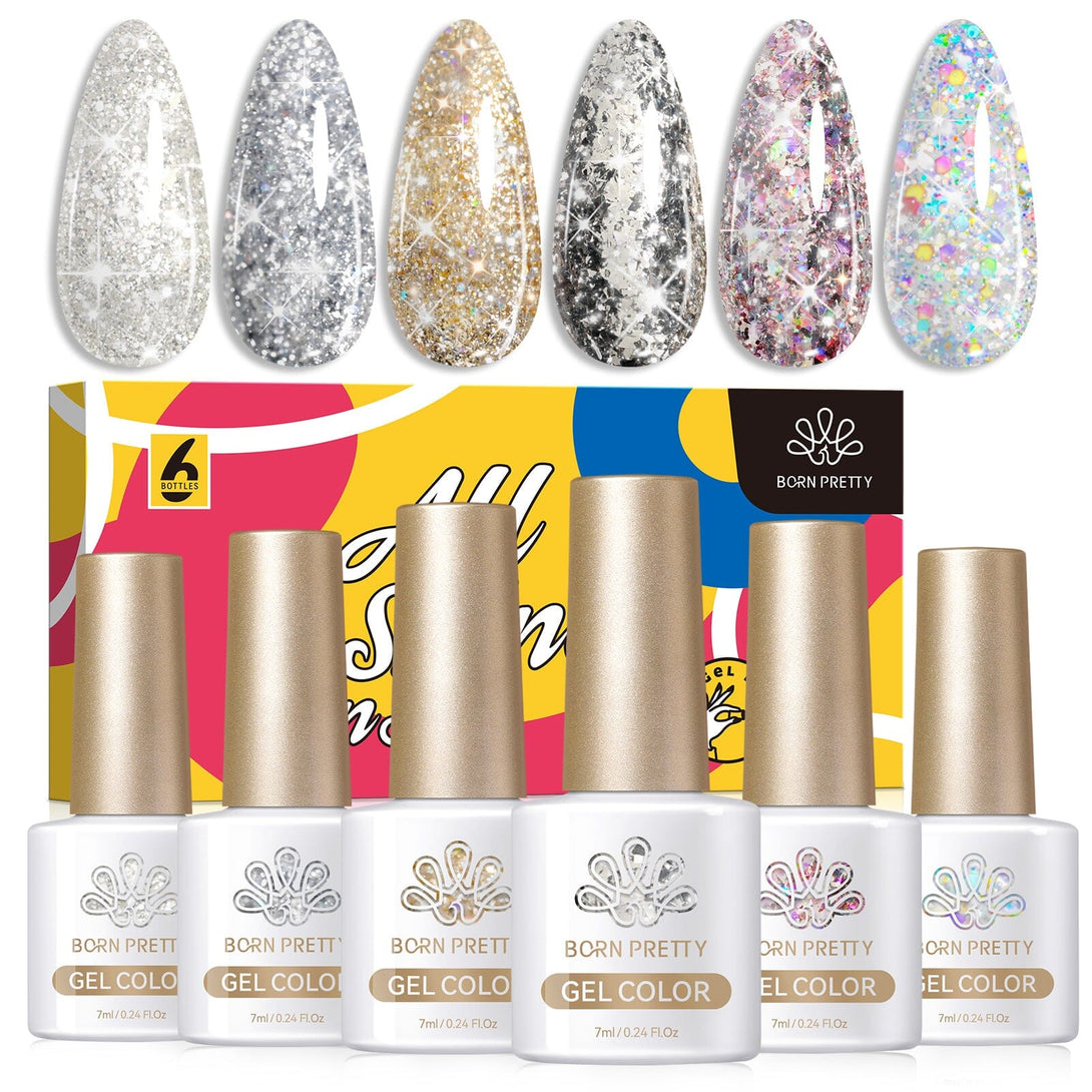 6 Colors Silver Gold Nail Glitter Sequins Gel Polish Set 7ml Gel Nail Polish BORN PRETTY 