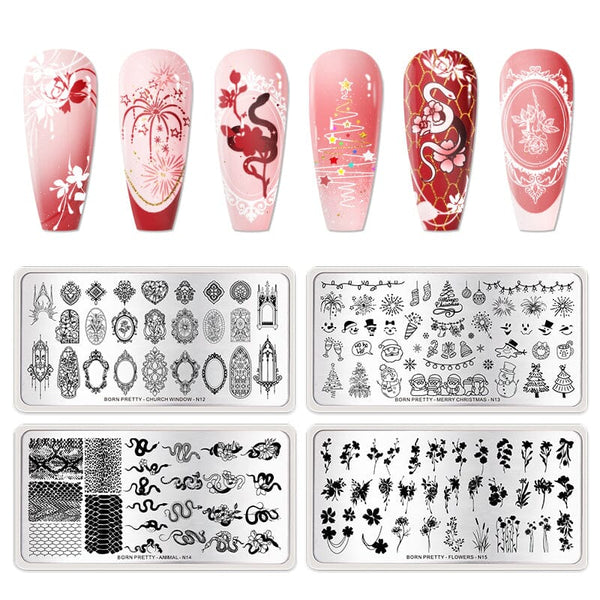 4pcs Nail Stamping Plates (Flower, Animal, Church, Christmas) Stamping Nail BORN PRETTY 