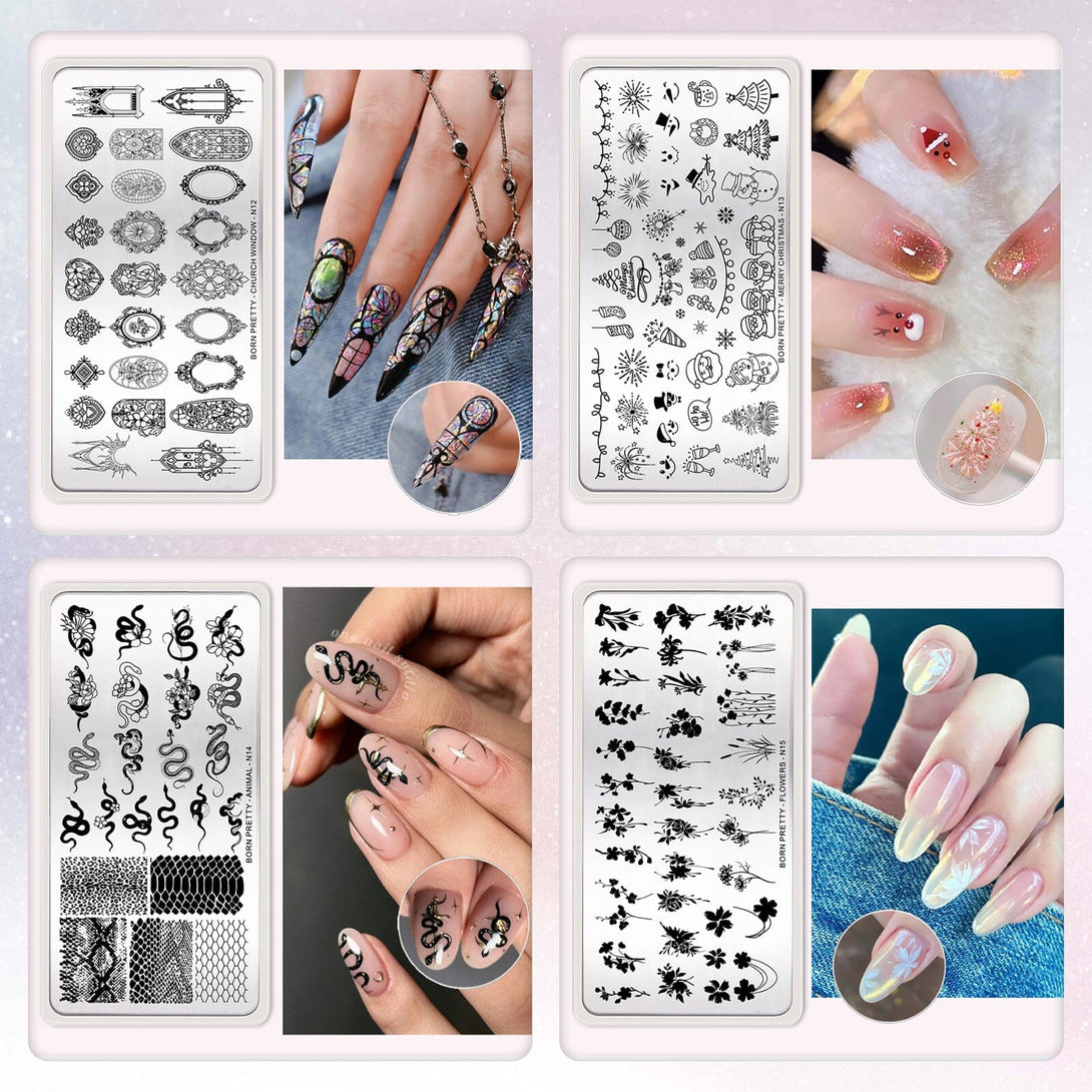 4pcs Nail Stamping Plates (Flower, Animal, Church, Christmas) Stamping Nail BORN PRETTY 