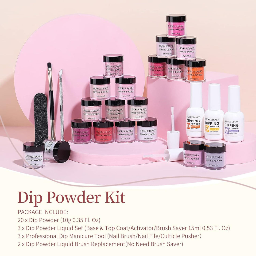 [US ONLY] 20 Colors Dipping Nail Powder Starter Kit with Base&Top, Activator, Brush Saver Nail Powder NICOLE DIARY 