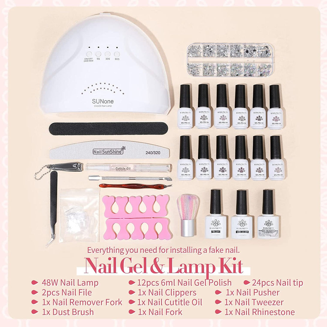 [US ONLY] All-In-One Starter Kit 48W Nail Lamp 12 Colors Gel Polish Set Kits & Bundles BORN PRETTY 