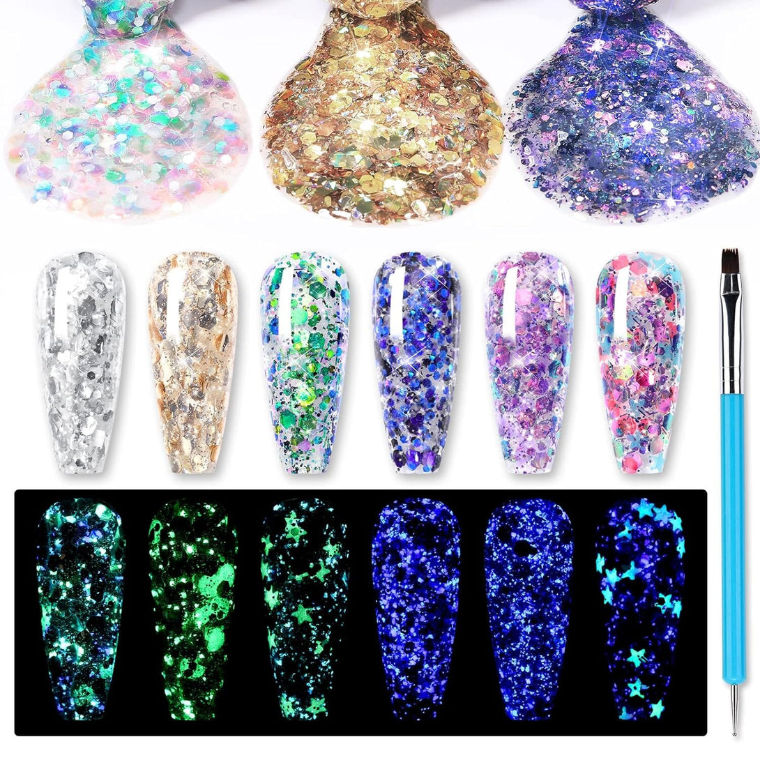 [US ONLY] 6 Colors Glow in the Dark Luminous Gel Polish Set Glitter Sequins Gel with Nali Brush Pen Gel Nail Polish BORN PRETTY 