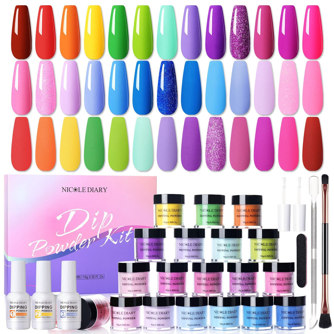 [US ONLY] 20 Colors Dip Powder Colors Nail Kit with Base Activator Top Coat Nail Powder NICOLE DIARY 