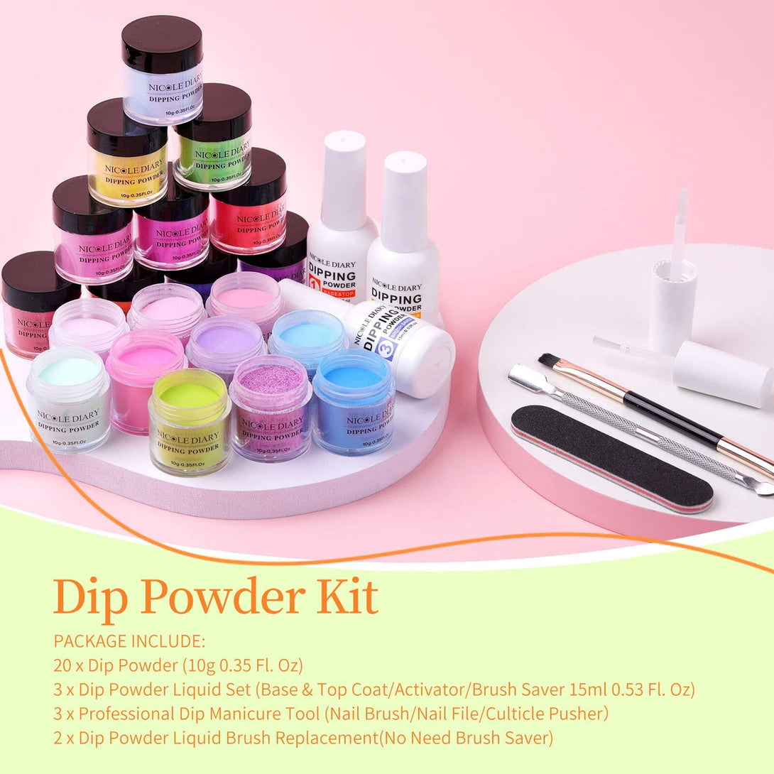 [US ONLY] 20 Colors Dip Powder Colors Nail Kit with Base Activator Top Coat Nail Powder NICOLE DIARY 