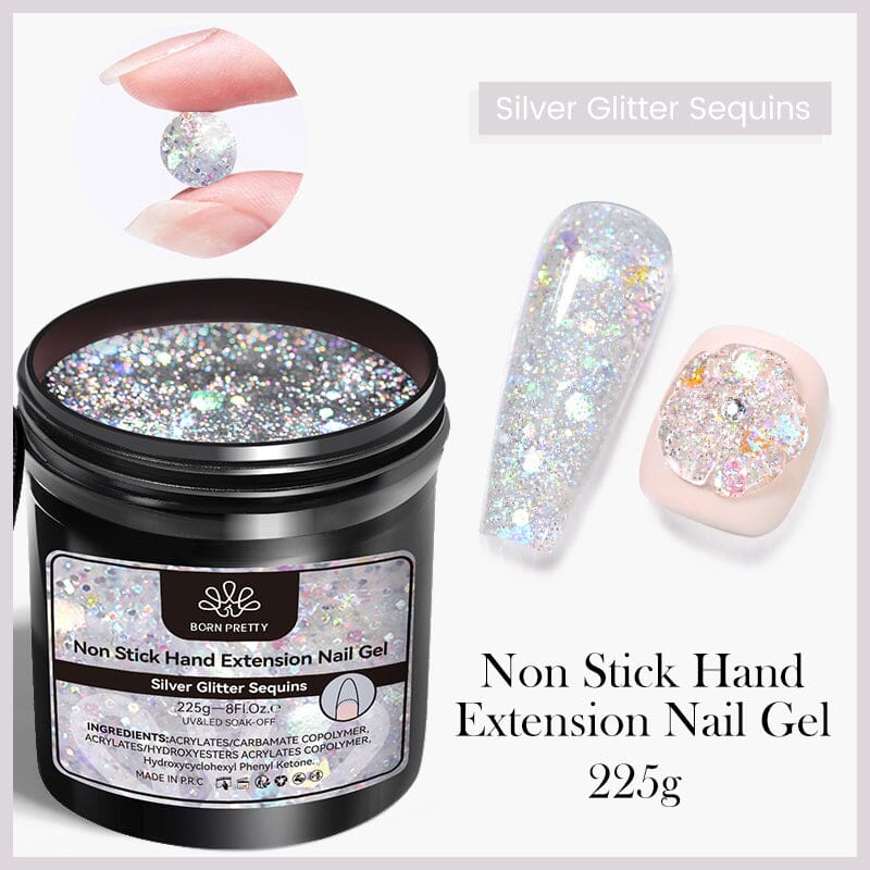 Non Stick Hand Extension Nail Gel 225g Gel Nail Polish BORN PRETTY Silver Glitter Sequins 