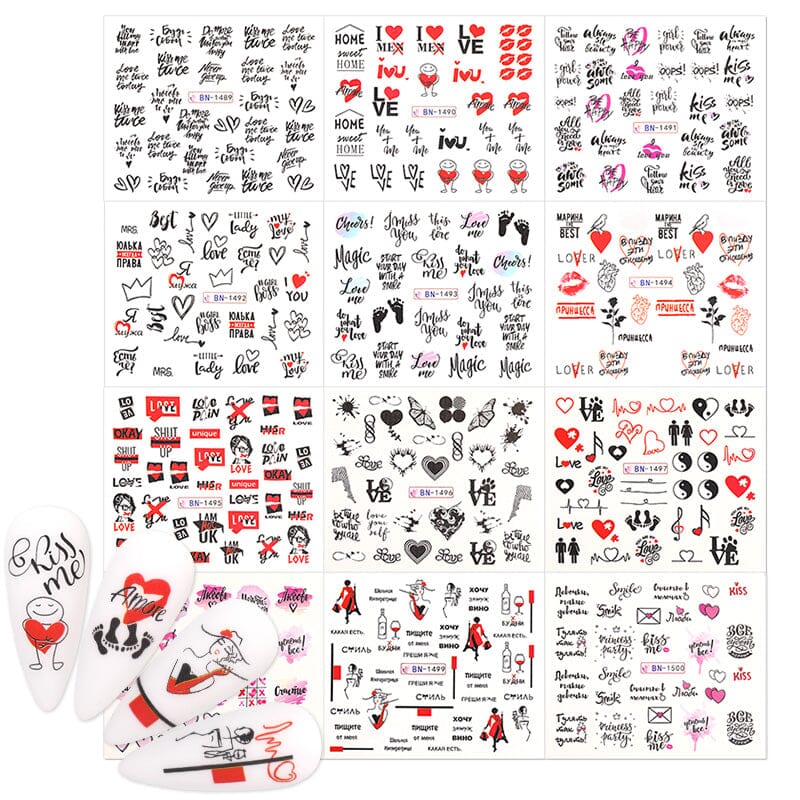 12 Sheets Valentine's Day Patterns Water Transfer Decals BN1489-BN1500 Nail Sticker BORN PRETTY 