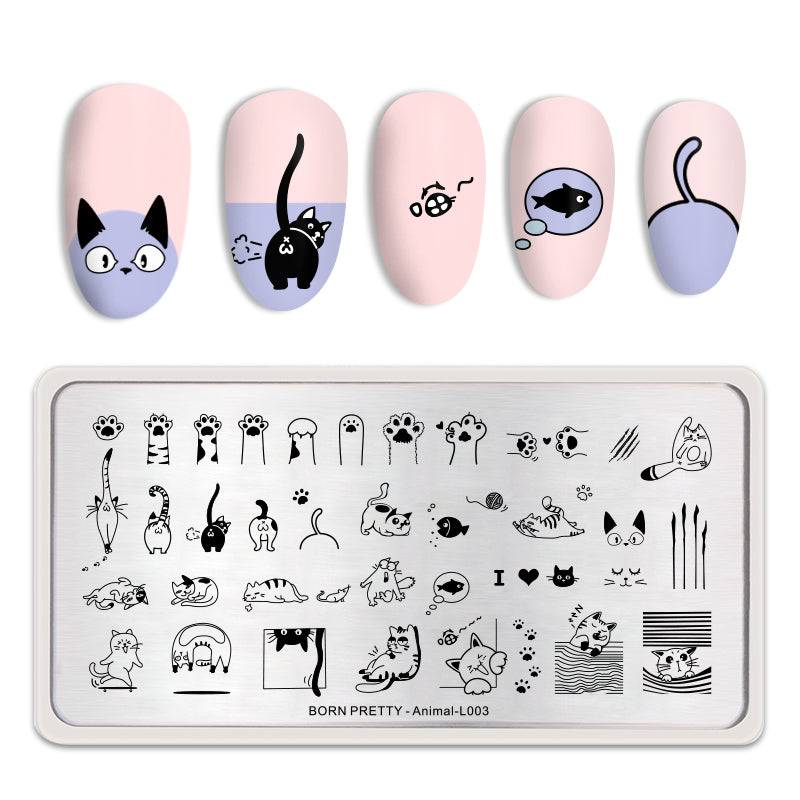 BORN PRETTY Rectangle Nail Stamping Plate Cute Cats Animal - L003