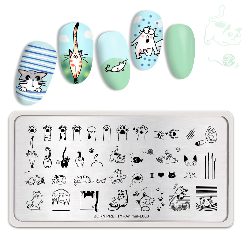BORN PRETTY Rectangle Nail Stamping Plate Cute Cats Animal - L003