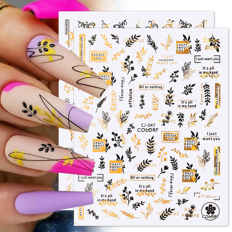 3D Nail Sticker Black Gold Leaf Abstract Line Pattern Nail Decals Nail Tools BORN PRETTY 